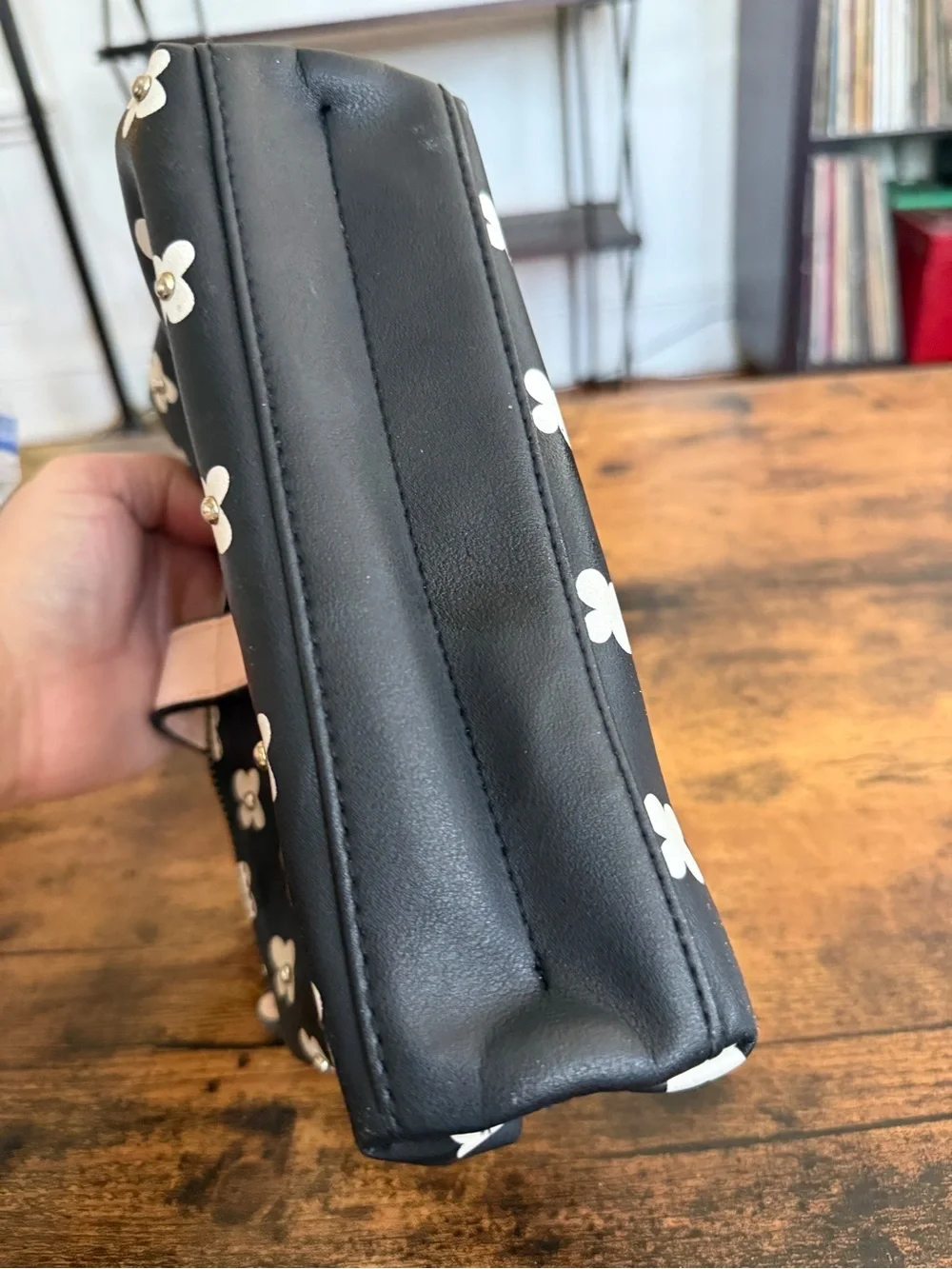 Kensie Black and Cream Floral Zip Wristlet with Tan Snap Strap